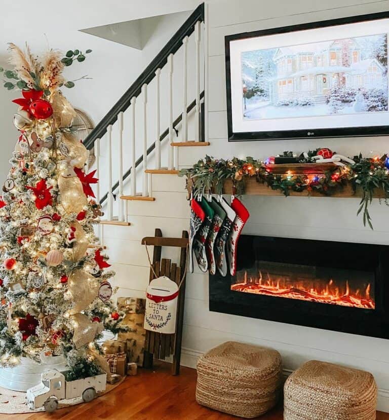 White Shiplap Electric Fireplace with Festive Décor