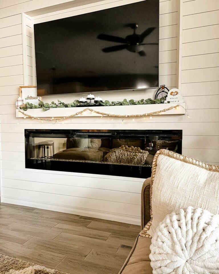 White Shiplap Fireplace Wall with TV Alcove