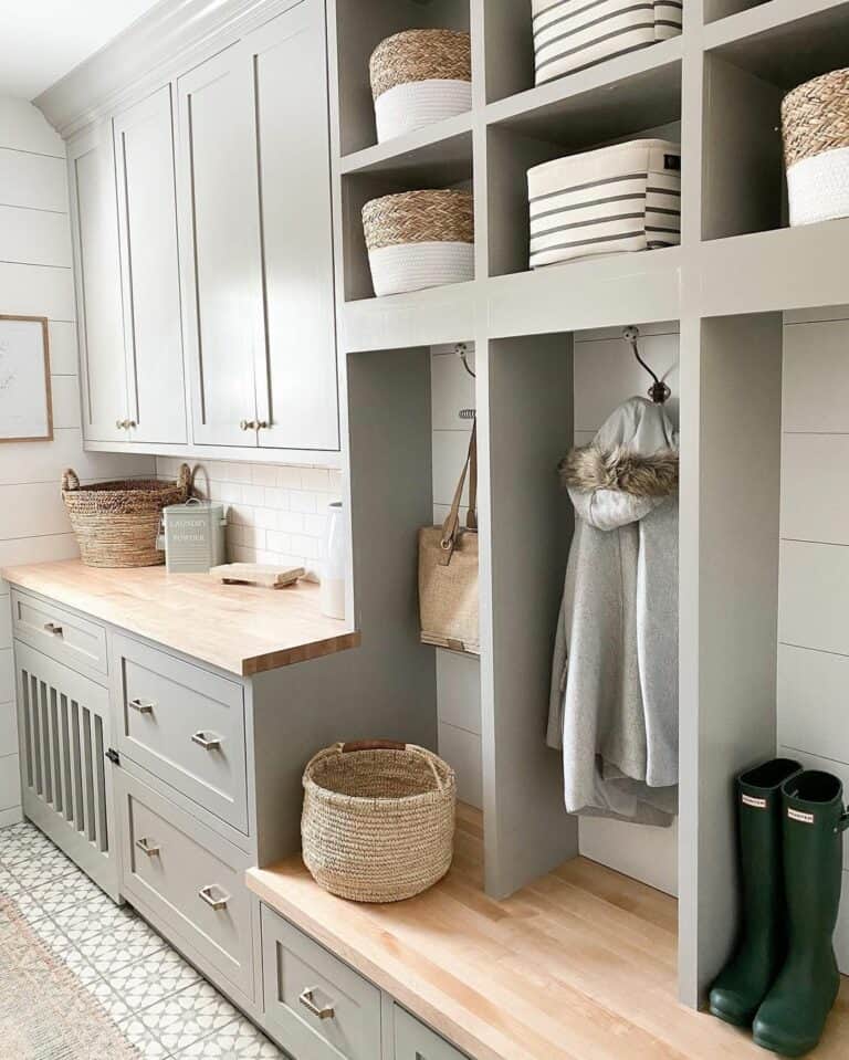 White Shiplap Laundry Mudroom with Gray Cabinets
