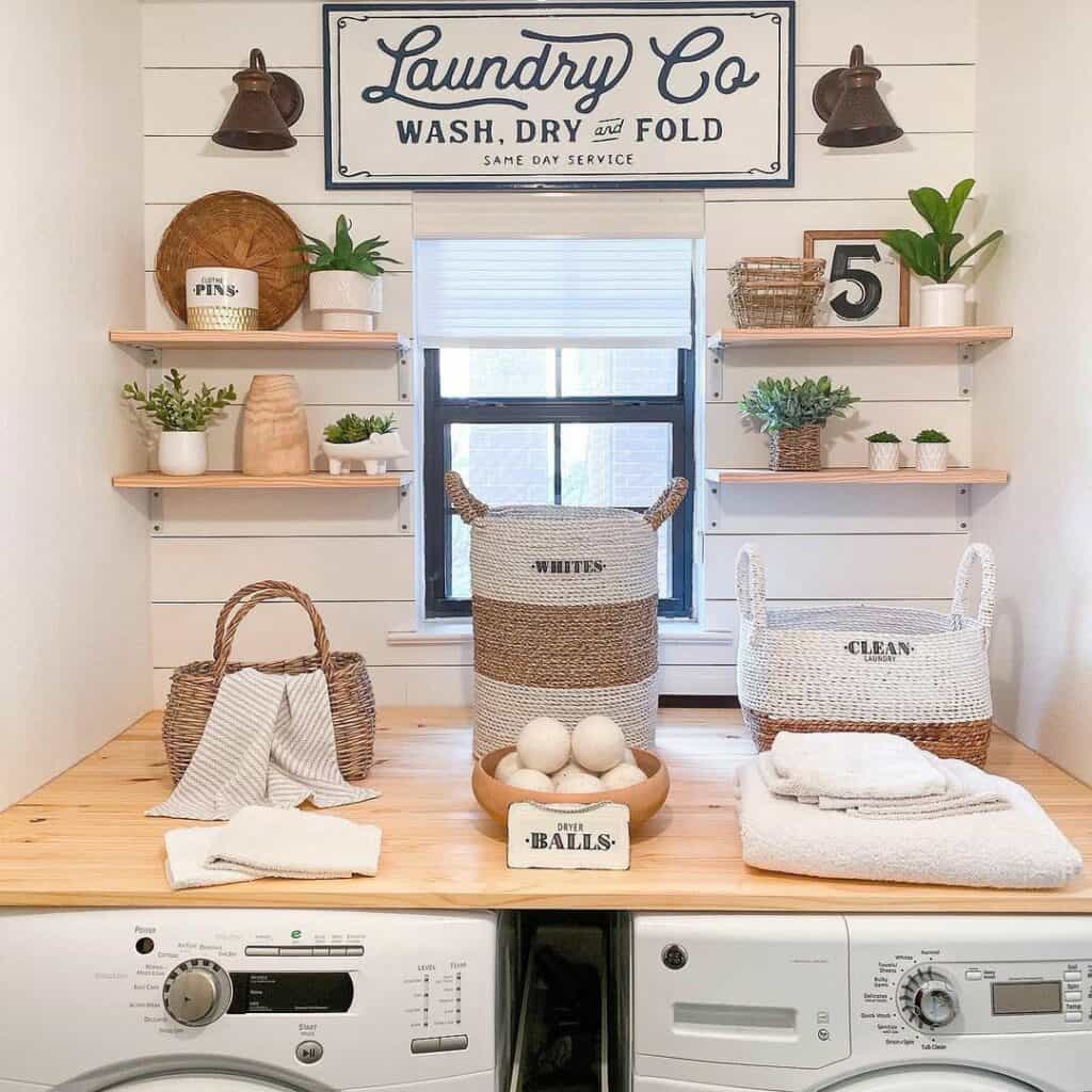 White Shiplap Laundry Room Wall with Window