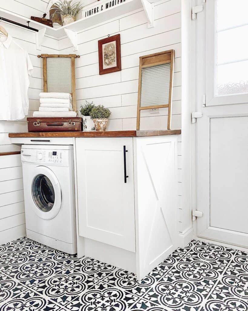 White Shiplap Laundry Room with Antique Washboards
