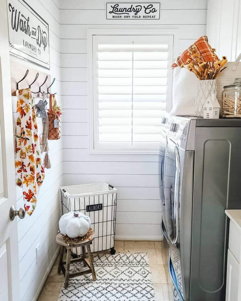 White Shiplap Laundry Room with Autumn Décor