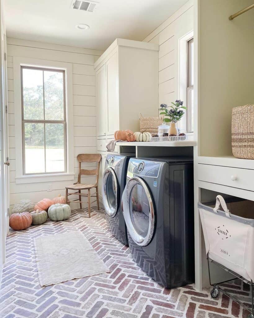 White Shiplap Laundry Room with Brick Flooring