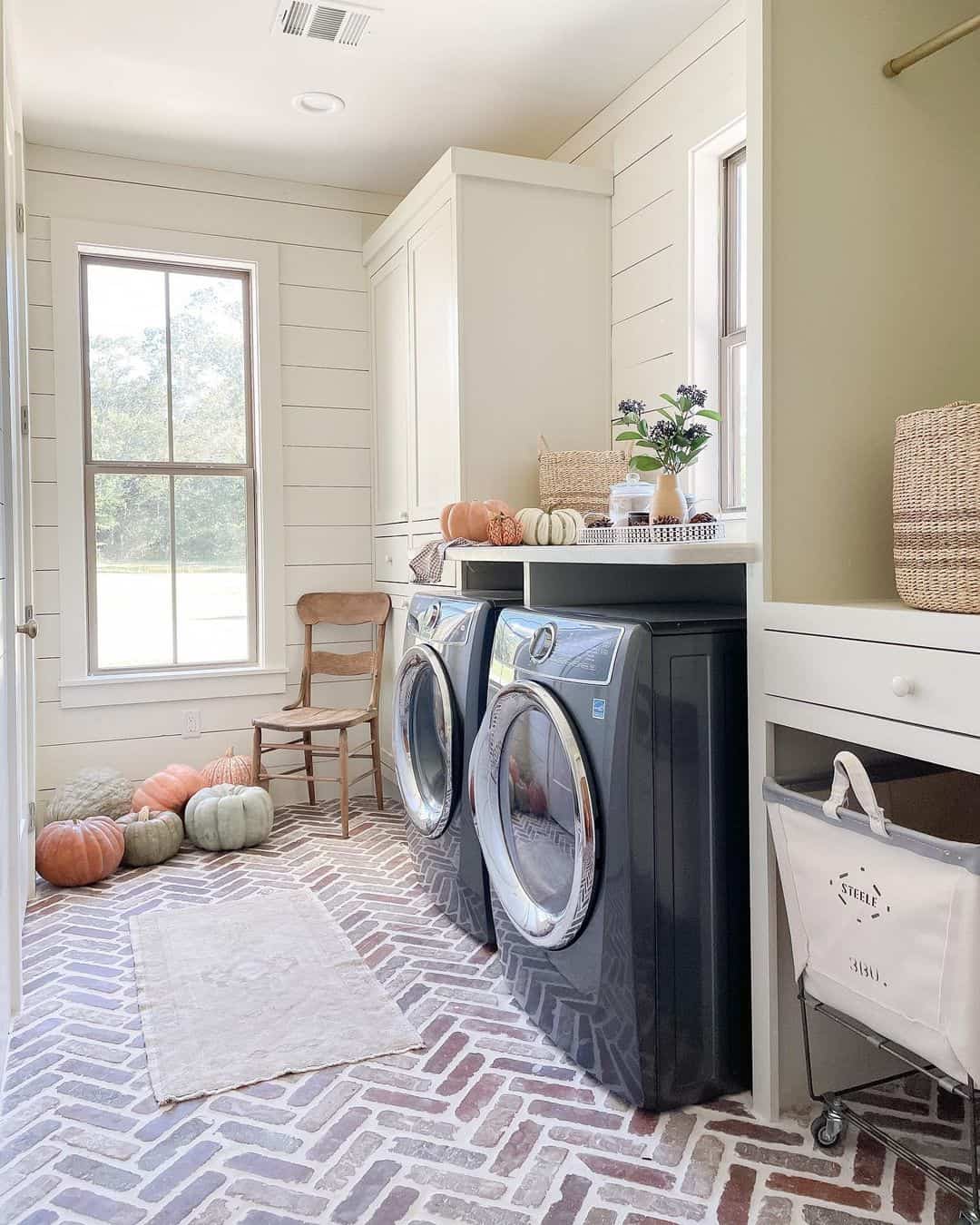White Shiplap Laundry Room with Brick Flooring Soul & Lane