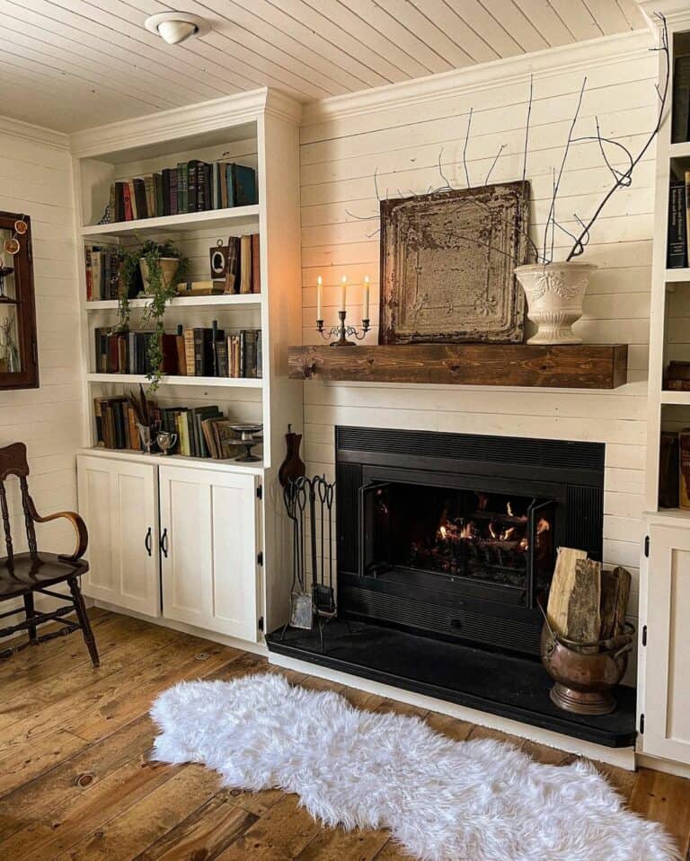 White Shiplap Living Room with Dark Wood Mantel