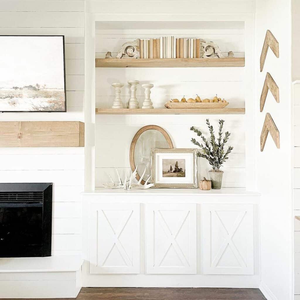 White Shiplap Living Room with Wood Shelves