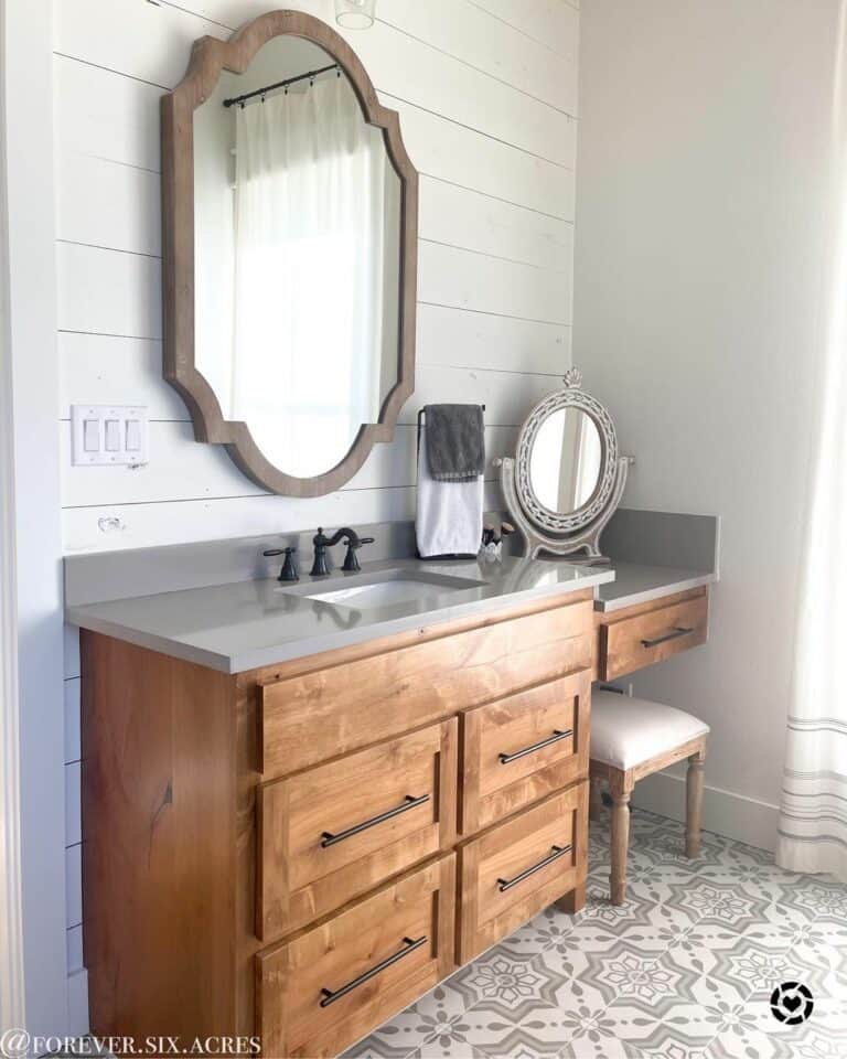 White Shiplap Wall and a Decorative Tile Floor