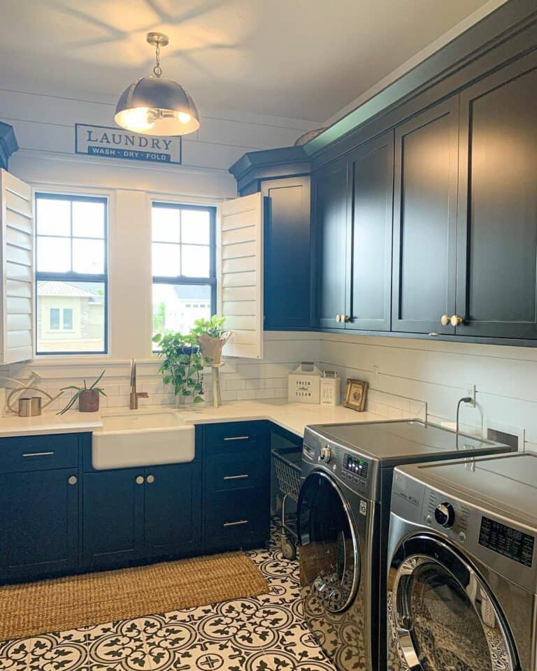 White Shiplap Walls with Black Cabinets