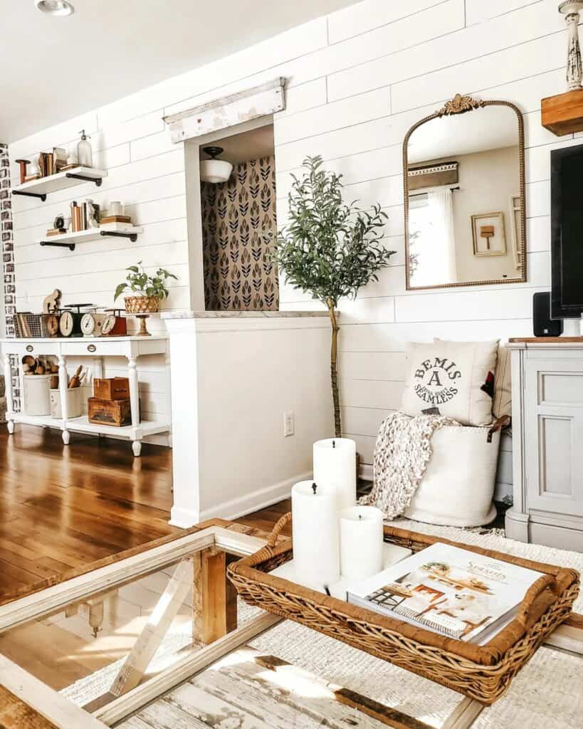 White Shiplap Walls with Flat Baseboard