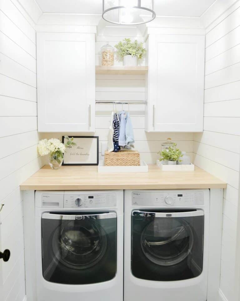White Shiplap in Laundry Room with White Cabinets