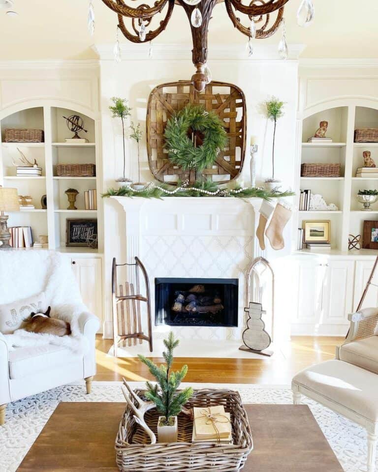 White Stenciled Fireplace Decorated For Winter