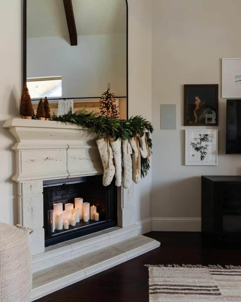 White Stone Fireplace with Contrasting Candle Firebox