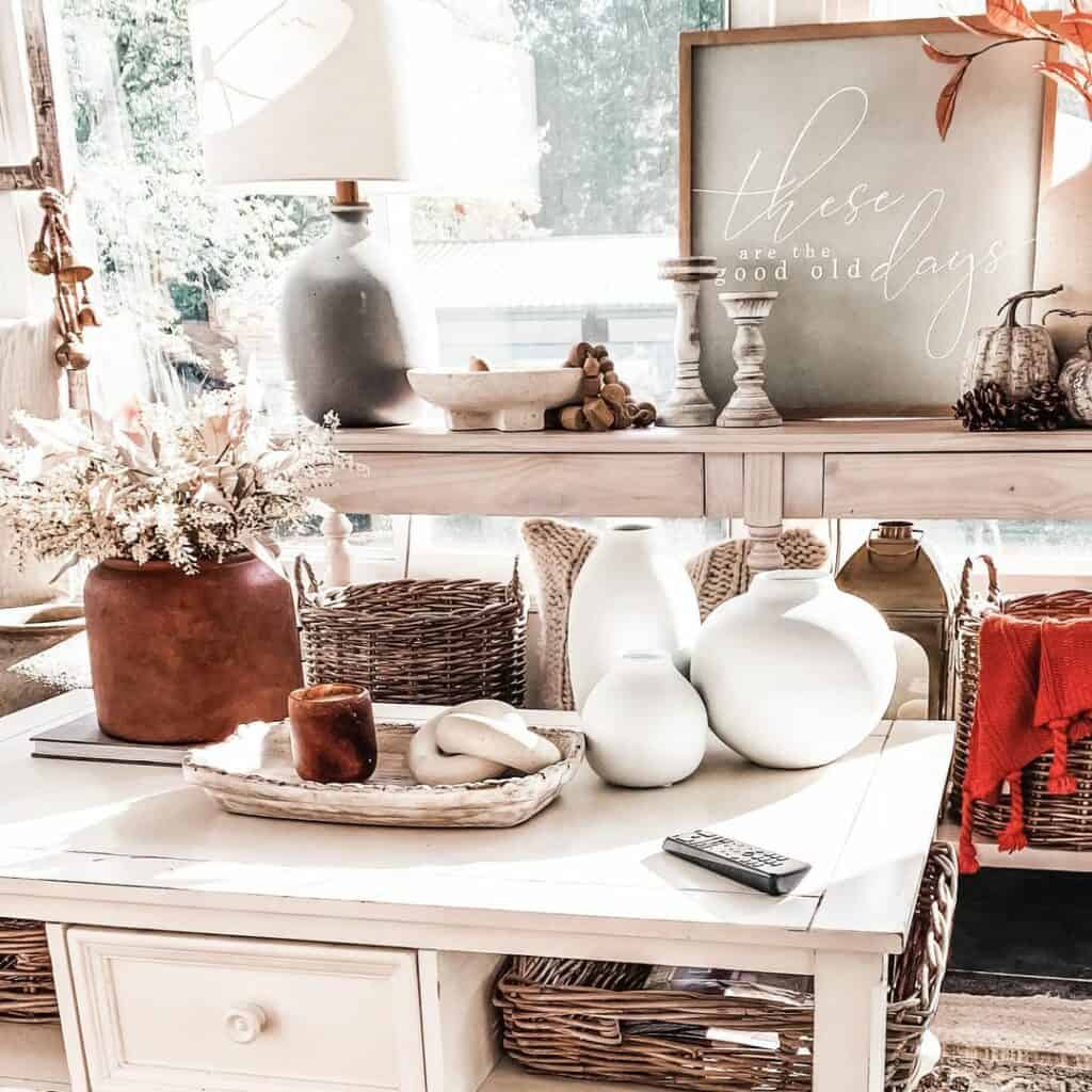 White Table with Wicker Décor