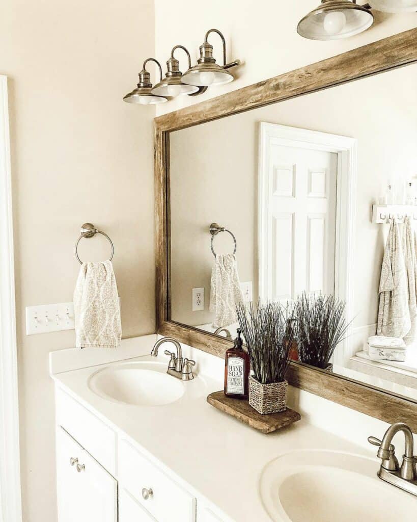 White Vanity with Natural Wood Framed Mirror