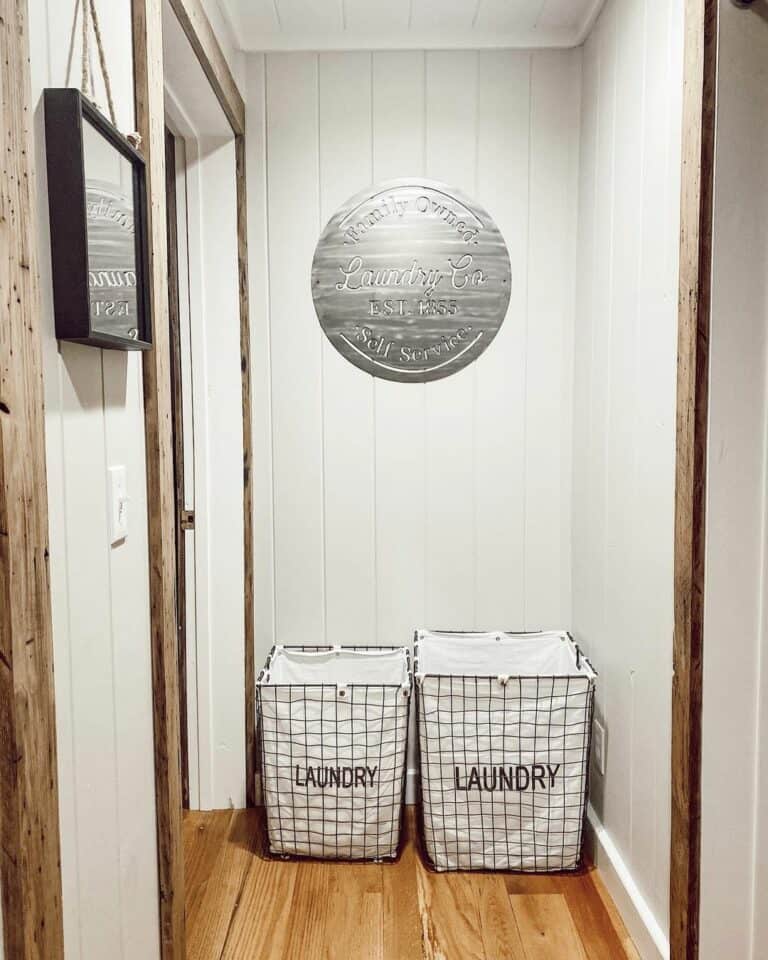White Vertical Shiplap Hallway with Laundry Baskets