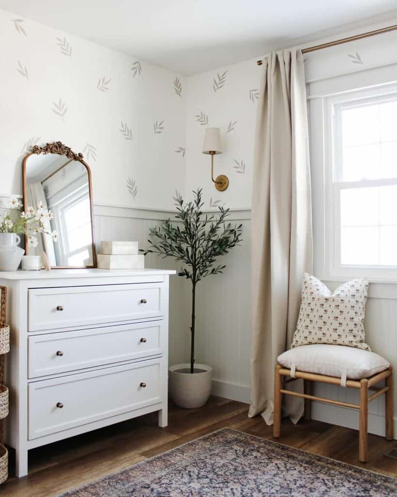 White Whimsical Wallpaper and Light Grey Wainscoting