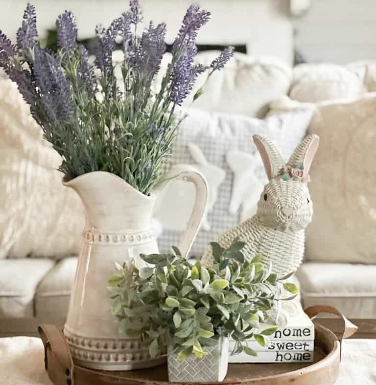 White Wicker Rabbit and Purple Flowers Centerpiece