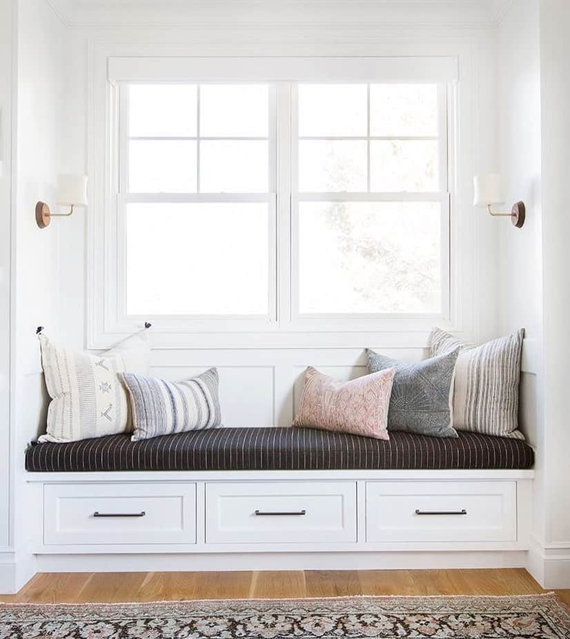 White Window Bench with Black Cushion