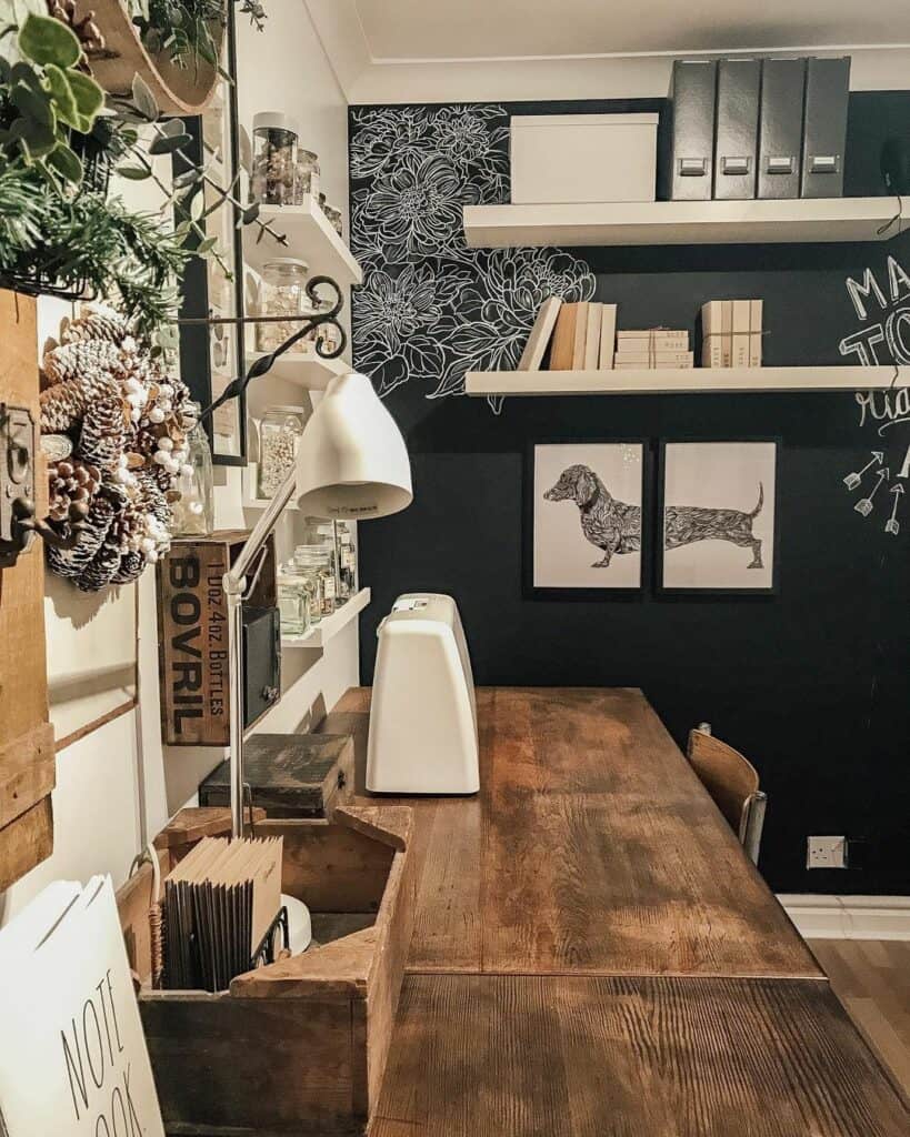 White and Black Wall Décor with Wood Desk