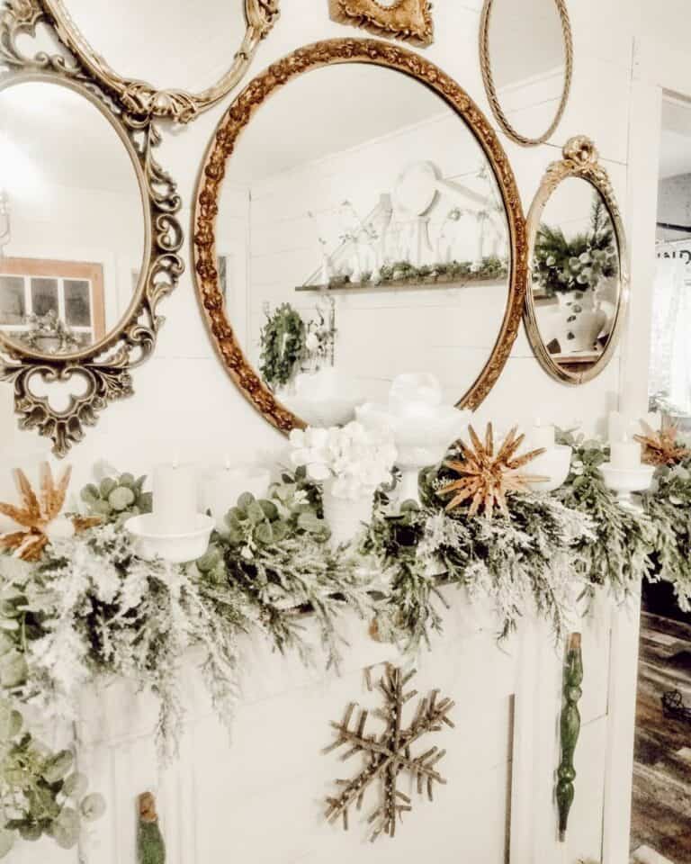 White and Gold Décor in the Midst of Evergreen Branches