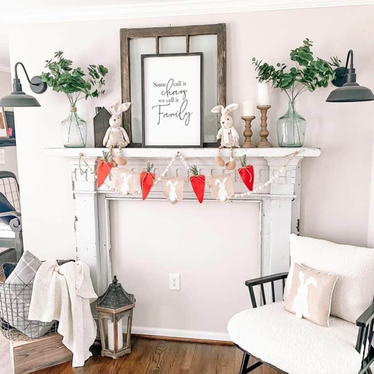 White and Wood Fireplace Mantel with Metal Accents