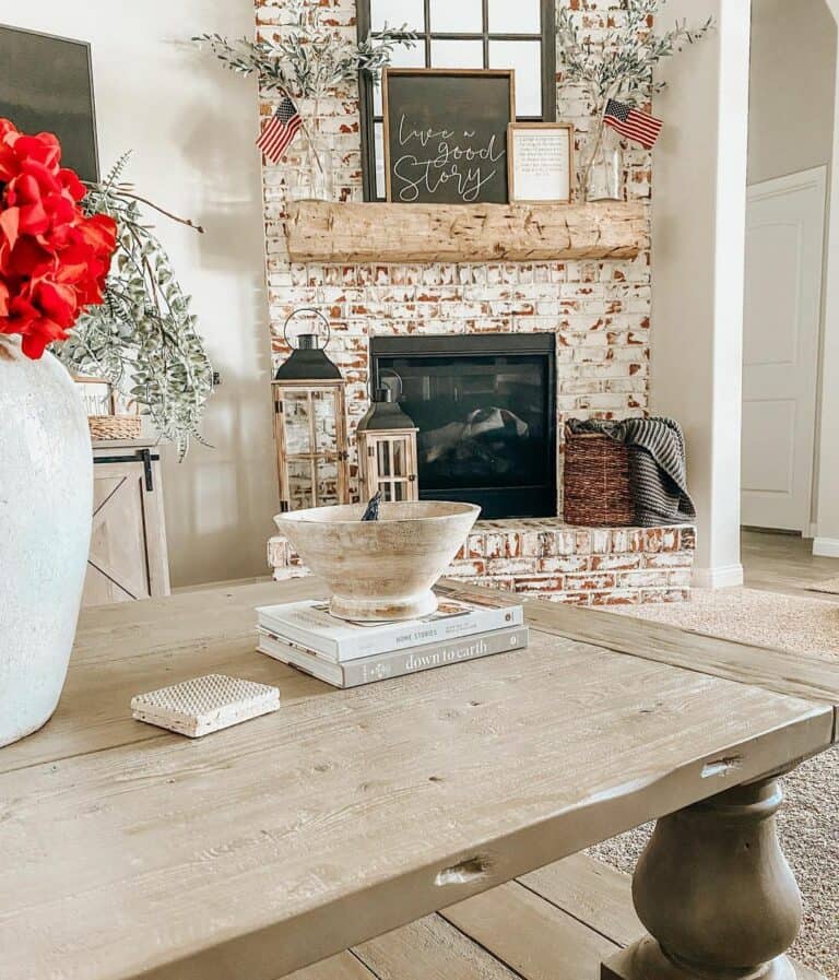 Whitewashed Brick Fireplace with Flags