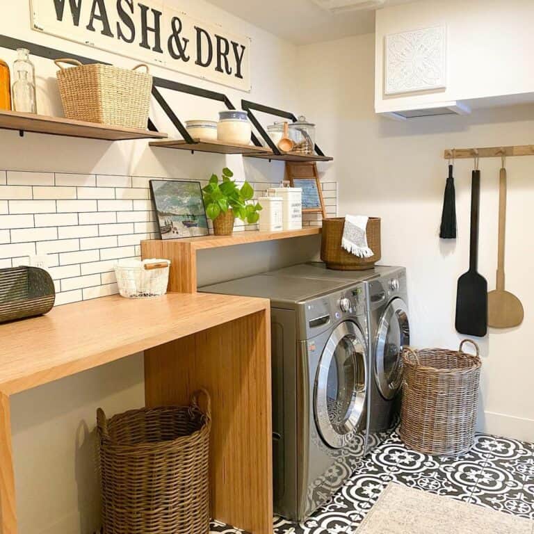 Wicker Baskets on an Ornate Black and White Tiled Floor