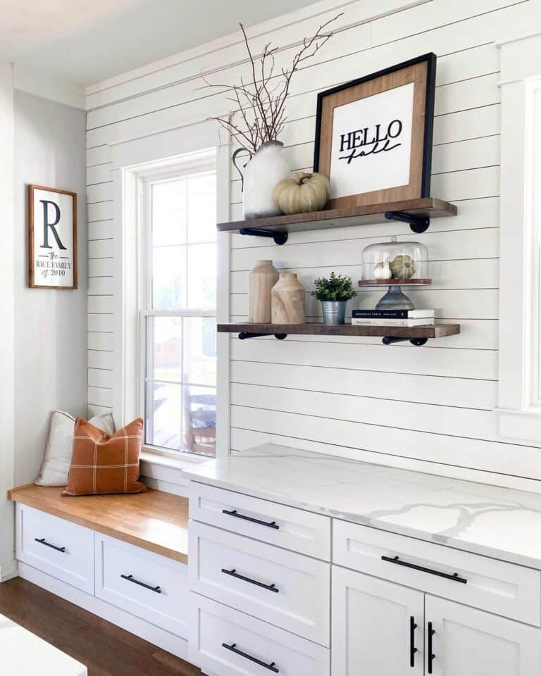 Window Bench with White Cabinets