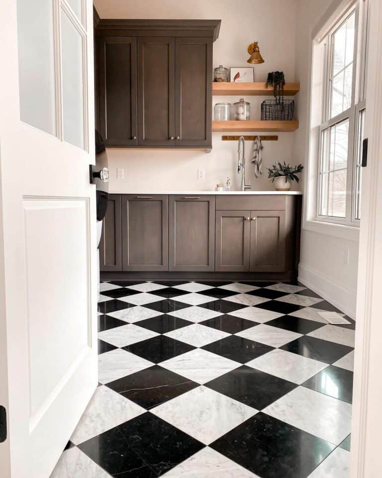 Window Illuminates Checkered Laundry Room Tile Floor