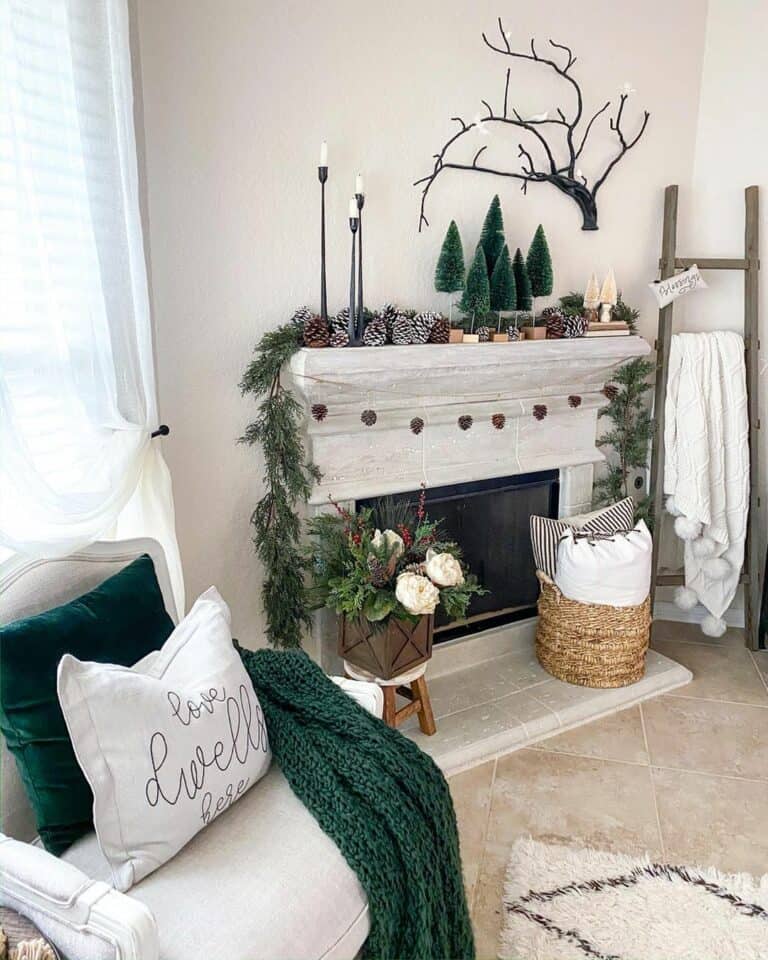 Winter Arrangement on a Light Gray Mantel
