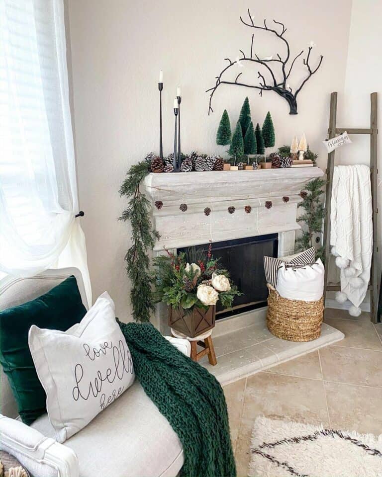 Winter Arrangement on a Light Gray Mantel