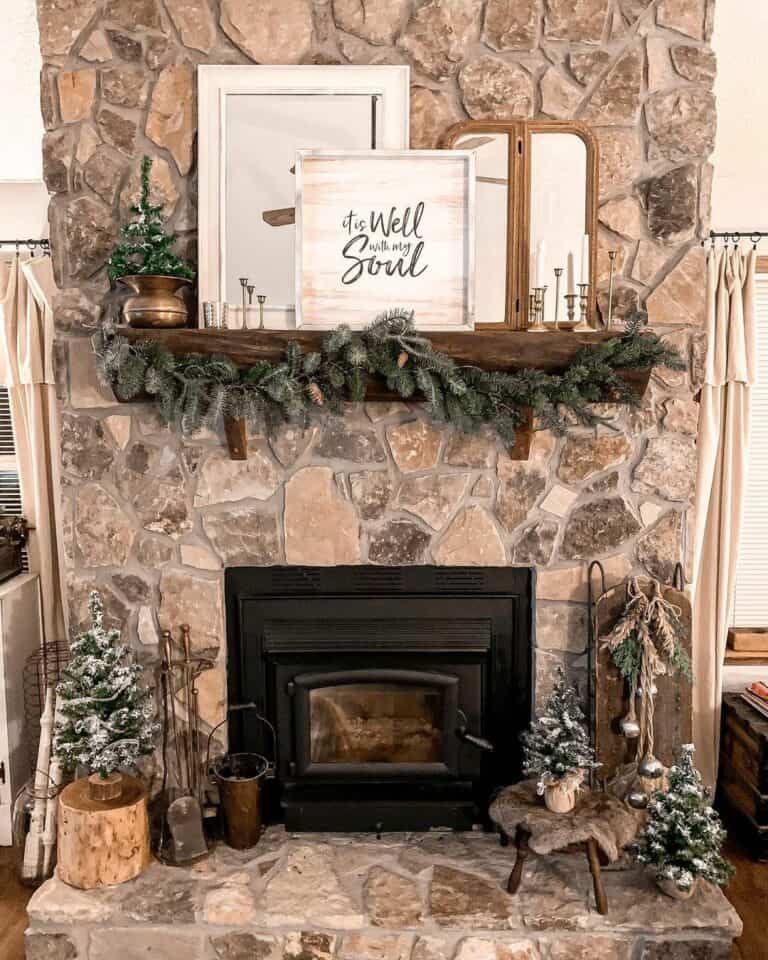 Winter Fireplace Décor on a Wood Mantel