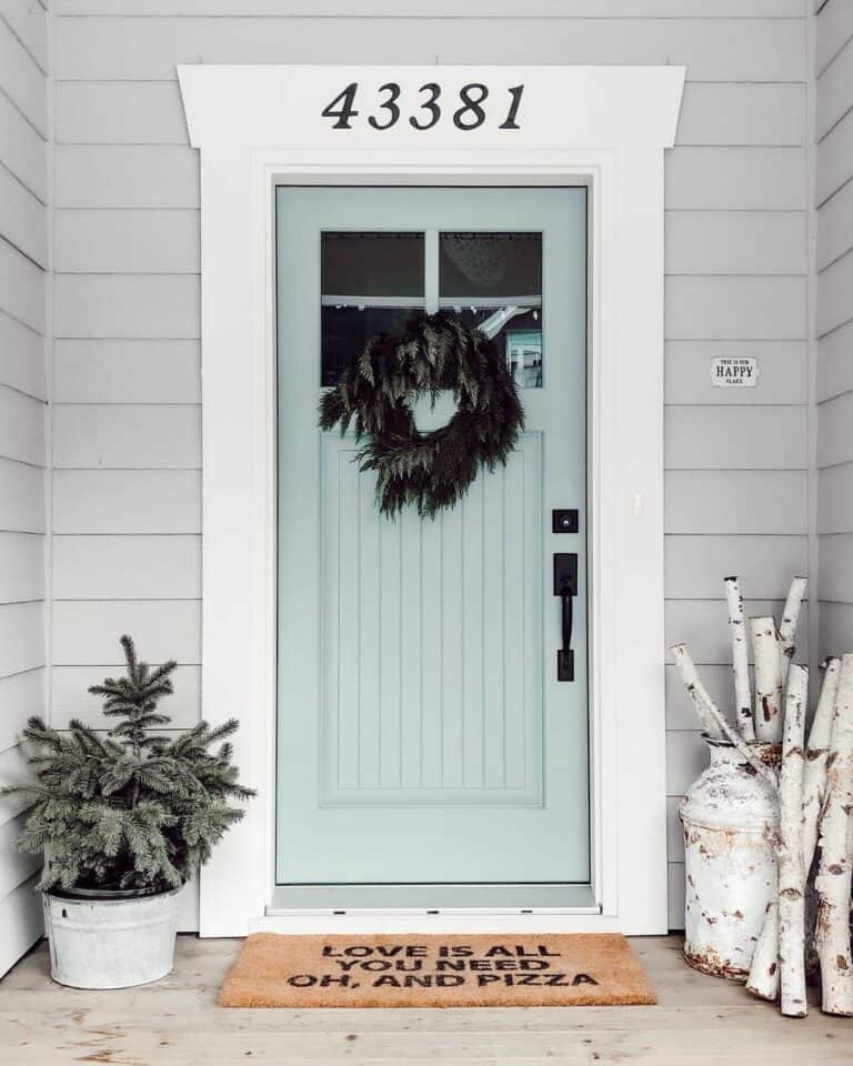 Winter Front Door with White Molding
