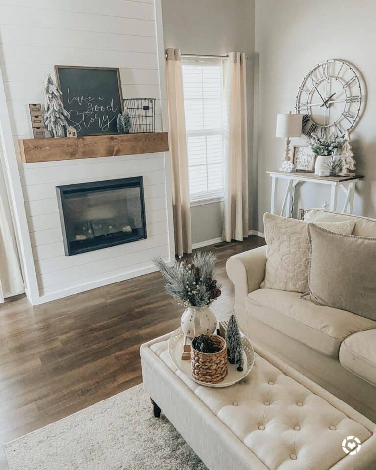 Winter Mantel Décor on a Wooden Mantel