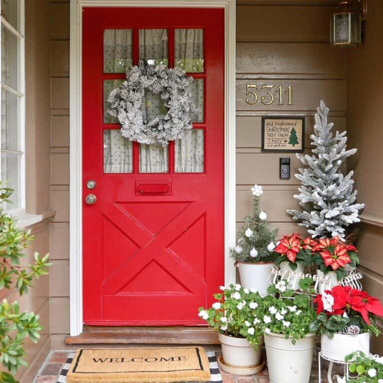 Winter-Themed Red Farmhouse Front Door