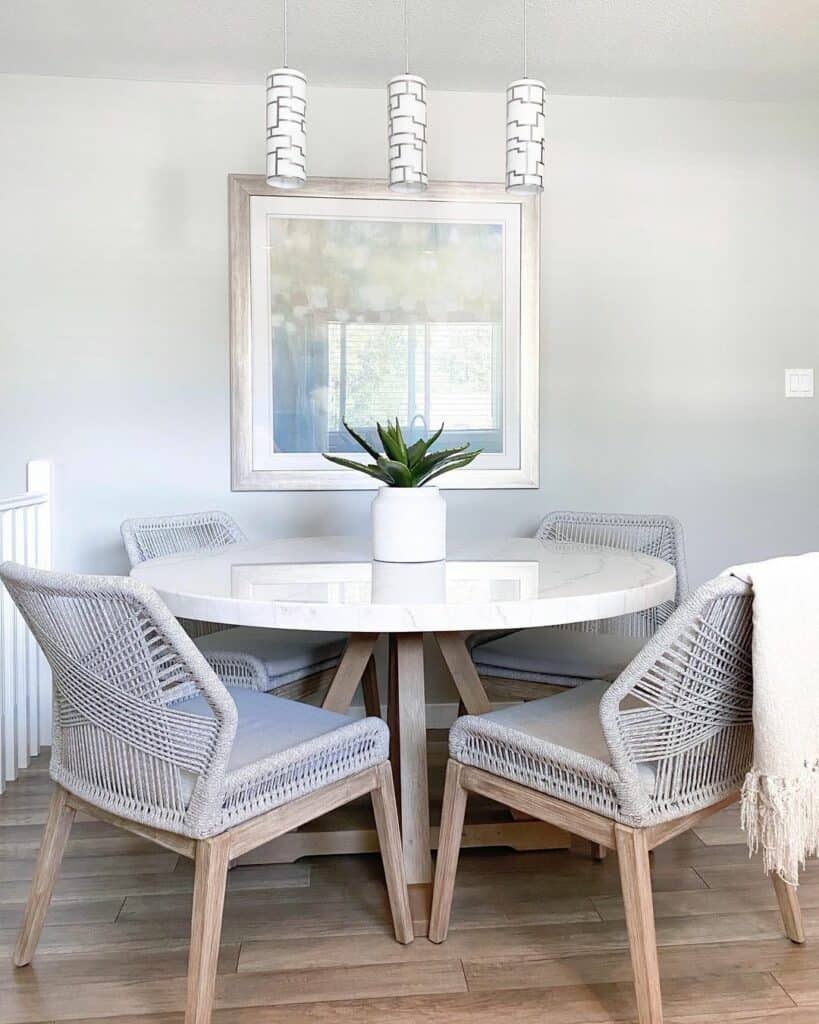 Wood And Marble Dining Table with Macramé Chairs
