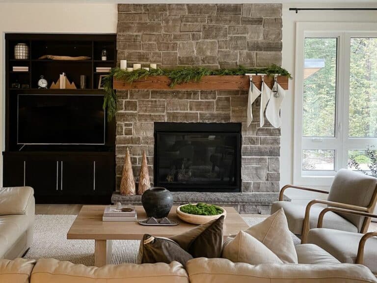 Wood Beam Mantle With A Hint Of Festive Décor