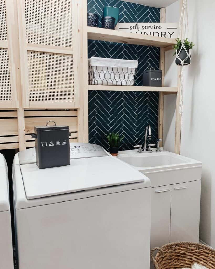 Wood Cabinets and Herringbone Tile Laundry Room