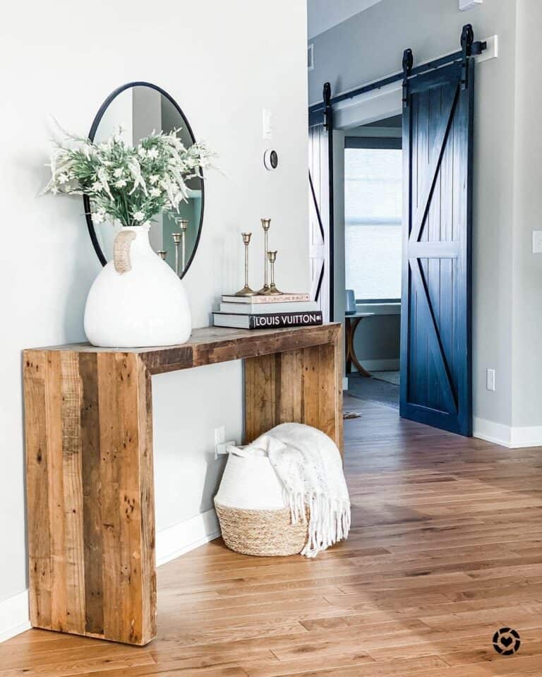 Wood Console Table and Sliding Black Barn Door