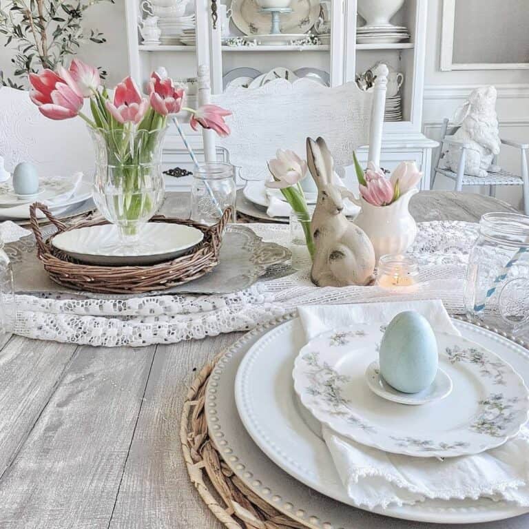 Wood Dining Table with Easter Centerpiece