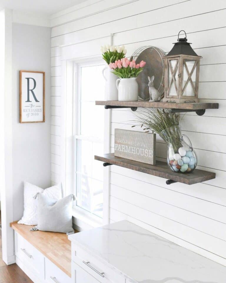 Wood Farmhouse Shelves with Easter Decorations