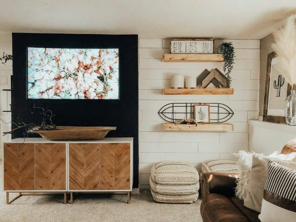 Wood Floating Shelves with Neutral Accessories