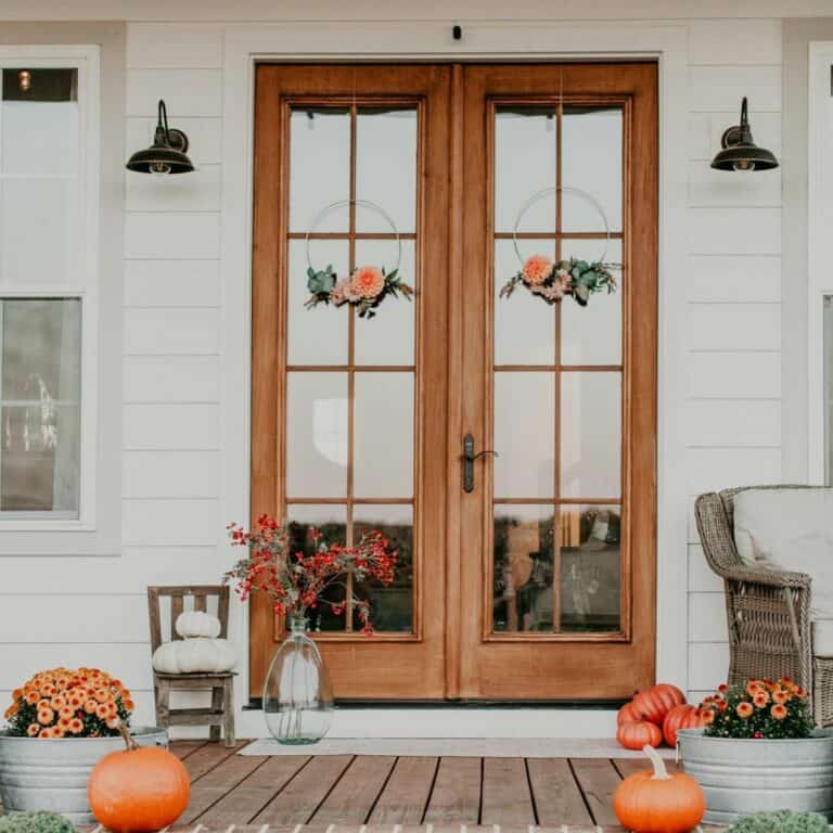 Wood French Doors with White Exterior Front Door Trim