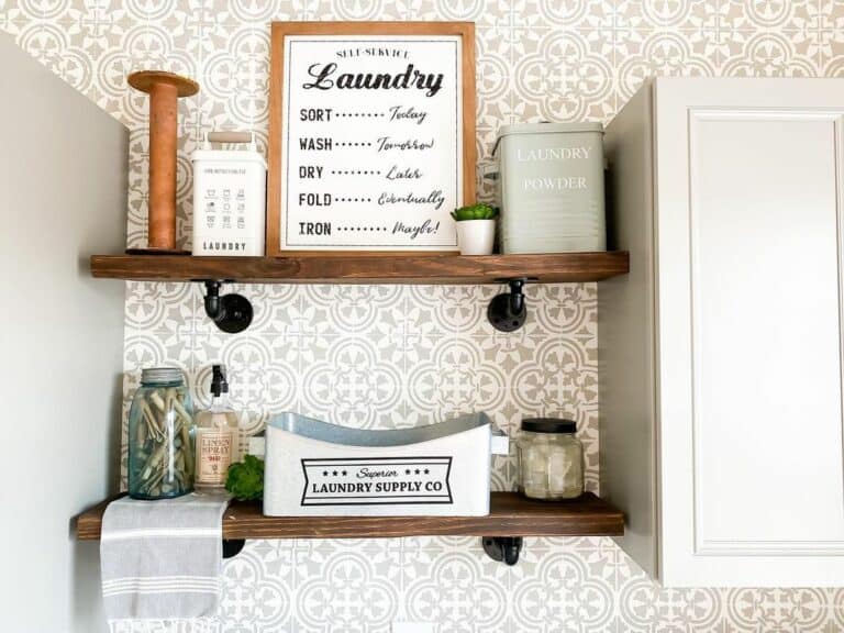 Wood Laundry Shelves with Vintage Signs