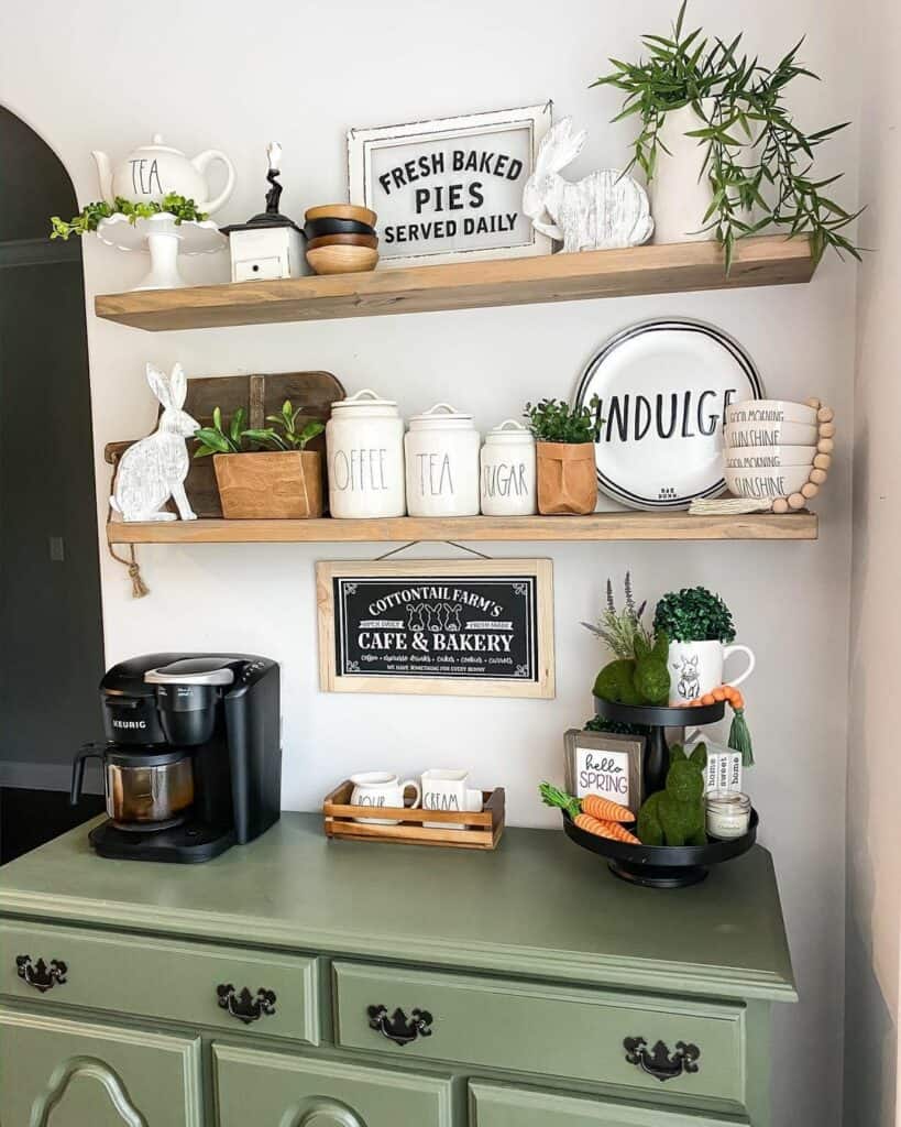 Wood Shelves Over Olive Green Coffee Bar