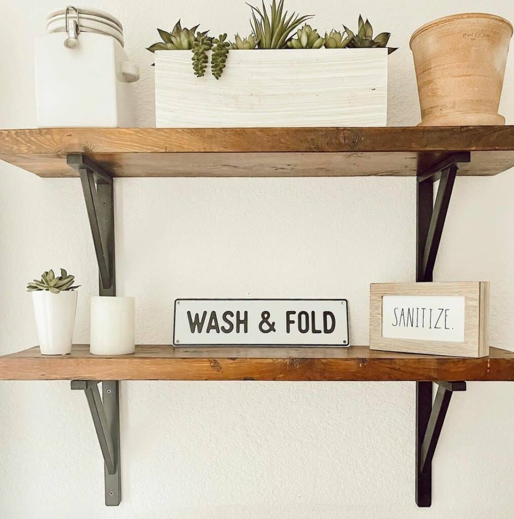 Wood Shelves with Laundry Sign Décor