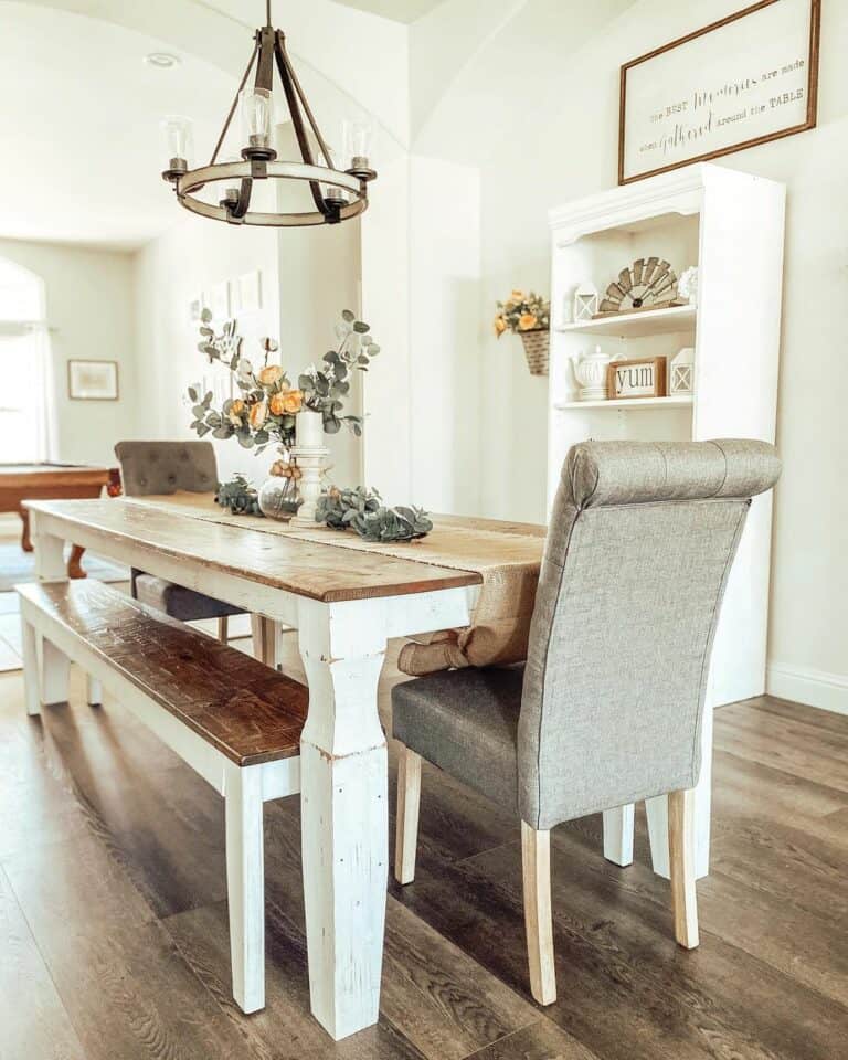 Wood and White Bench on a Dark Wood Floor