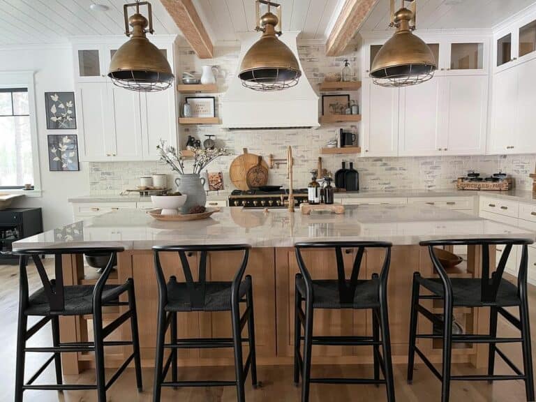 Wood and White Kitchen Island with Black Seating