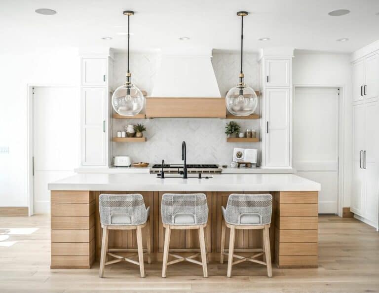 Wood and White Kitchen with Globe Pendants