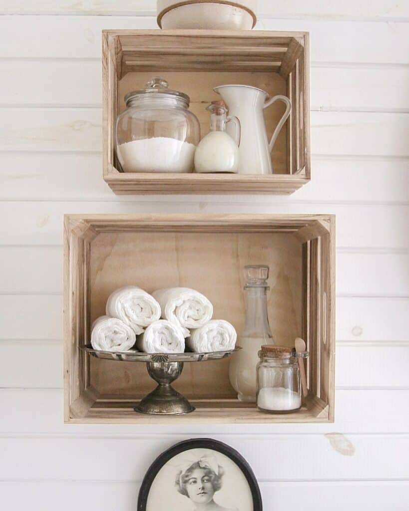 Wooden Crate Shelves in Farmhouse Bathroom